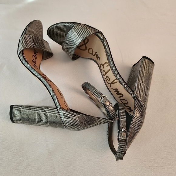 Sam Edelman Yaro  Pewter Plaid Ankle Strap Heeled Sandal Shoes Size 11 - Picture 3 of 14